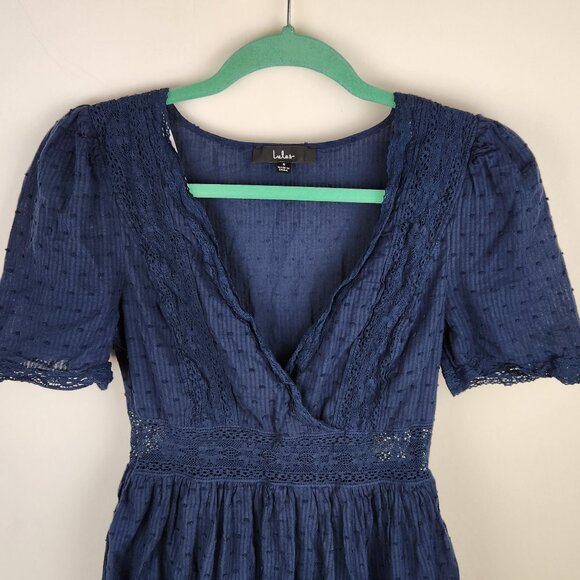 Lulus Navy Blue Swiss Dot Ruffle Lace Trim Short Sleeve Mini Dress sz S - Picture 3 of 11